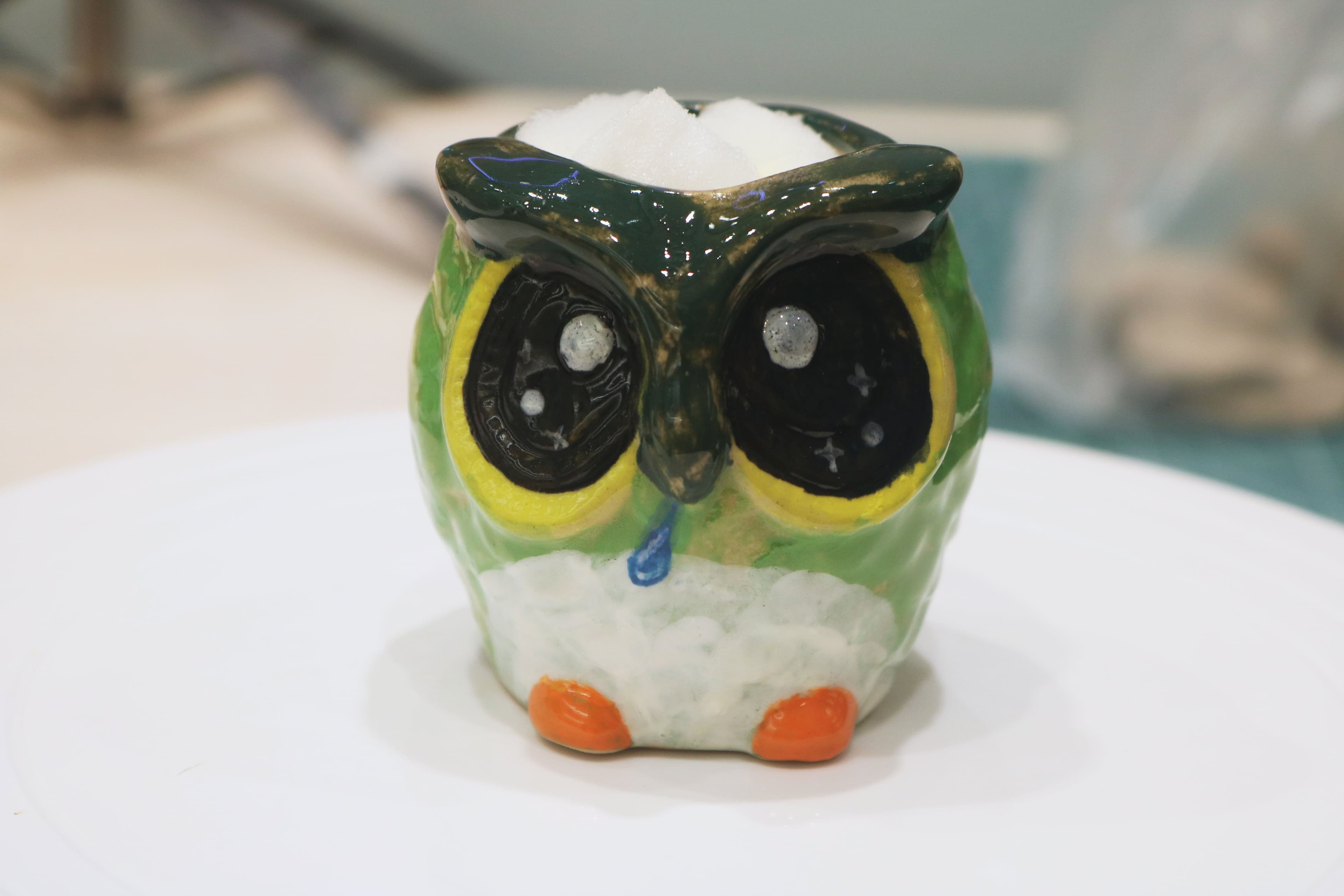 A lively "Duolingo Owl" painted with vibrant colors by a young guest